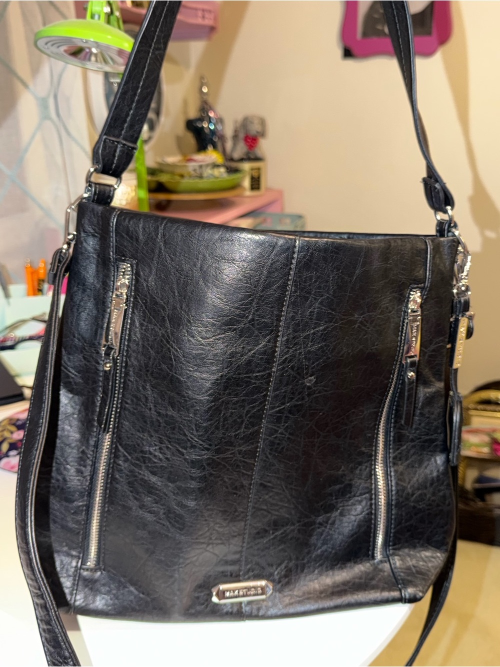 Nine West Black Leather-Look Shoulder Bag with Silver Zippers